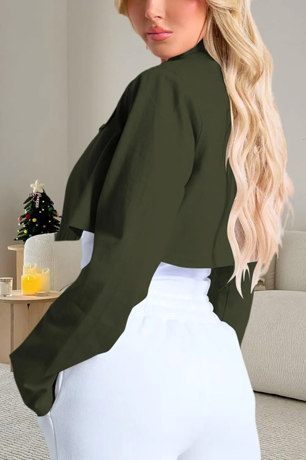Women's Cropped Jacket Casual Zip Up Long Sleeve Lapel Crop Tops Jackets Coat