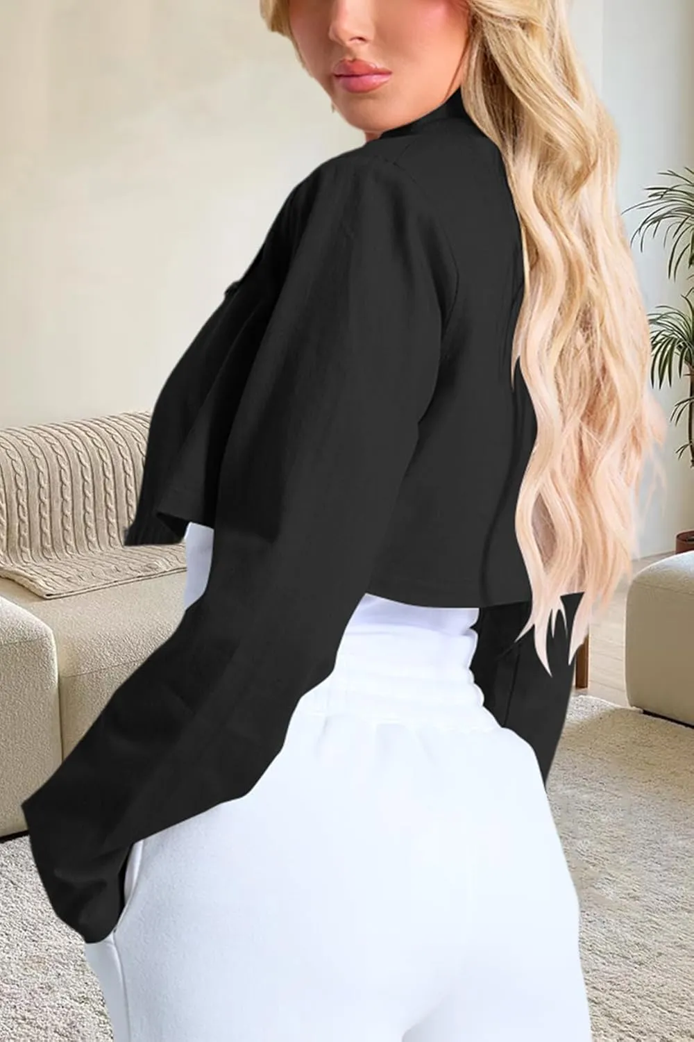 Women's Cropped Jacket Casual Zip Up Long Sleeve Lapel Crop Tops Jackets Coat