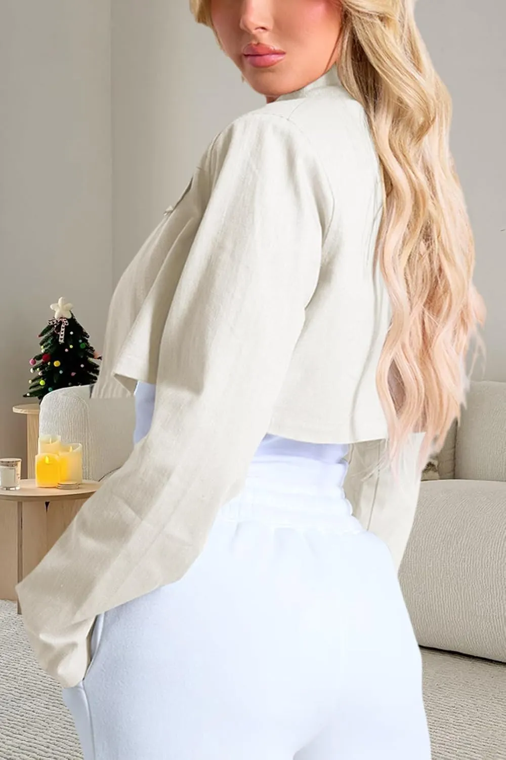 Women's Cropped Jacket Casual Zip Up Long Sleeve Lapel Crop Tops Jackets Coat