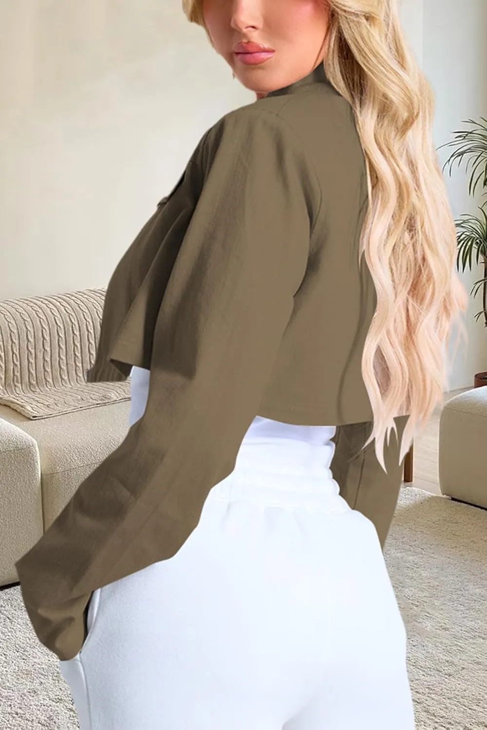 Women's Cropped Jacket Casual Zip Up Long Sleeve Lapel Crop Tops Jackets Coat