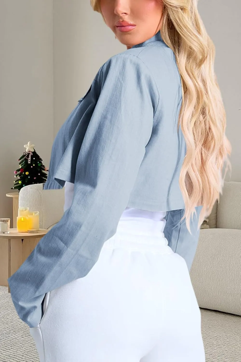 Women's Cropped Jacket Casual Zip Up Long Sleeve Lapel Crop Tops Jackets Coat