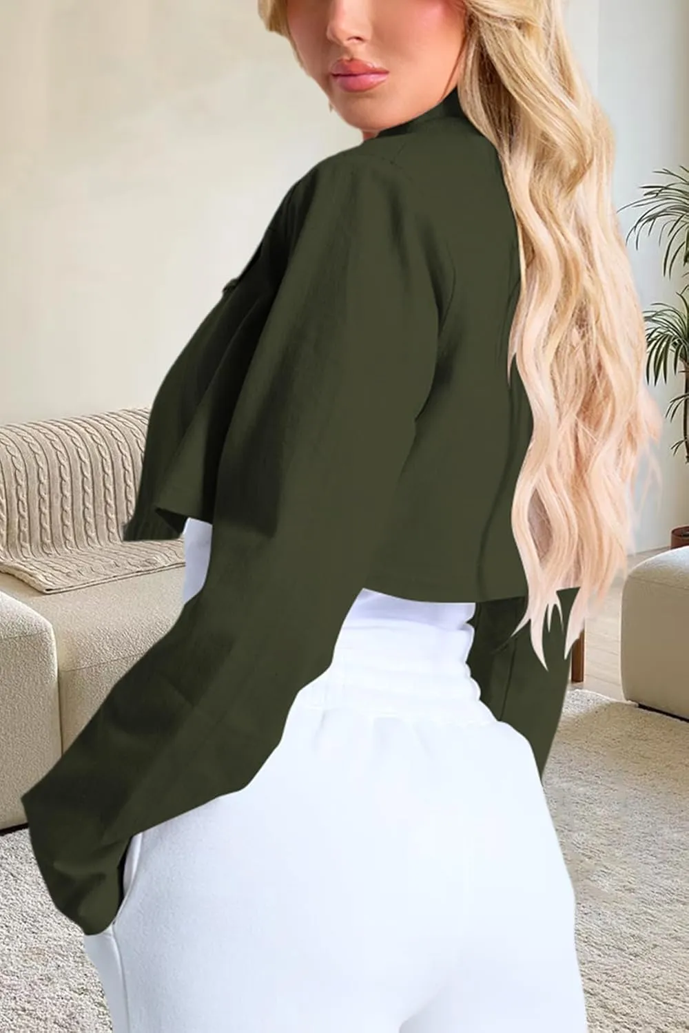 Women's Cropped Jacket Casual Zip Up Long Sleeve Lapel Crop Tops Jackets Coat
