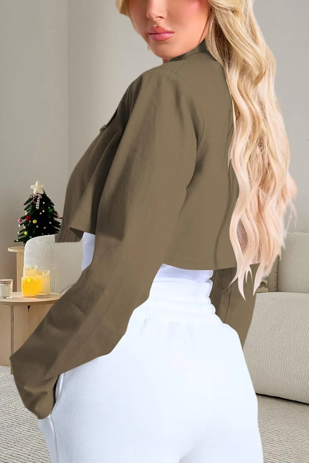Women's Cropped Jacket Casual Zip Up Long Sleeve Lapel Crop Tops Jackets Coat
