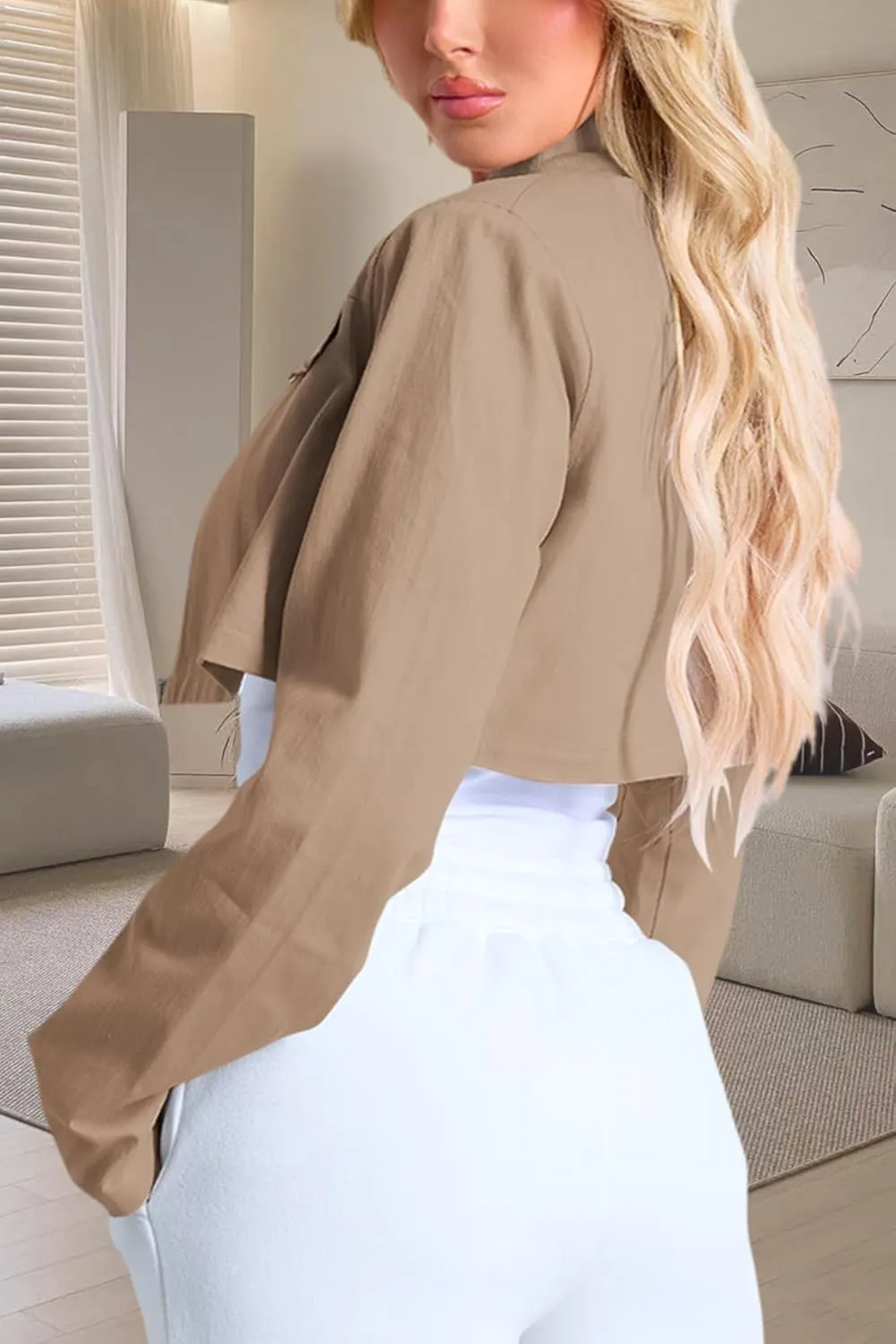 Women's Cropped Jacket Casual Zip Up Long Sleeve Lapel Crop Tops Jackets Coat