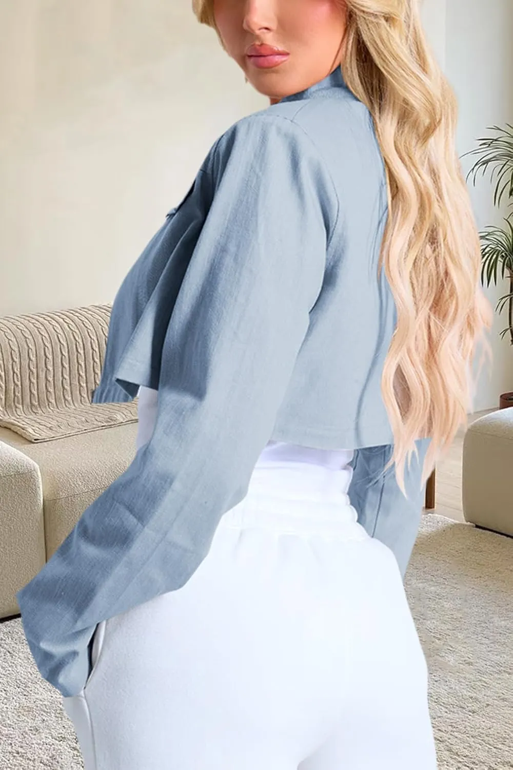 Women's Cropped Jacket Casual Zip Up Long Sleeve Lapel Crop Tops Jackets Coat