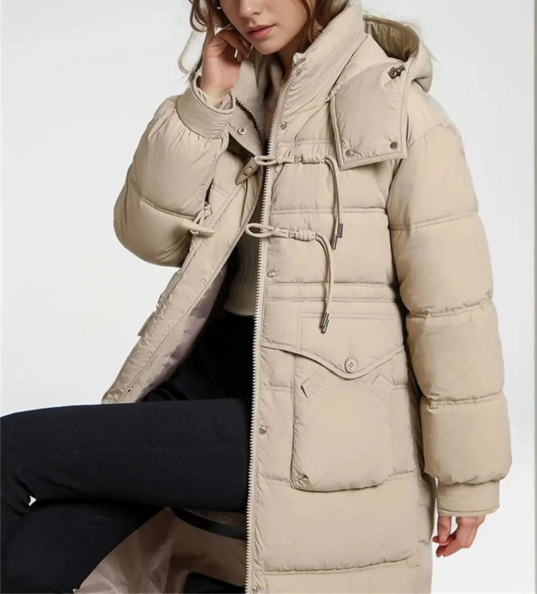 Women's Drawstring Button Long Parkas Coats Vintage Warm Hooded Pocket Cotton-Padded Jacket