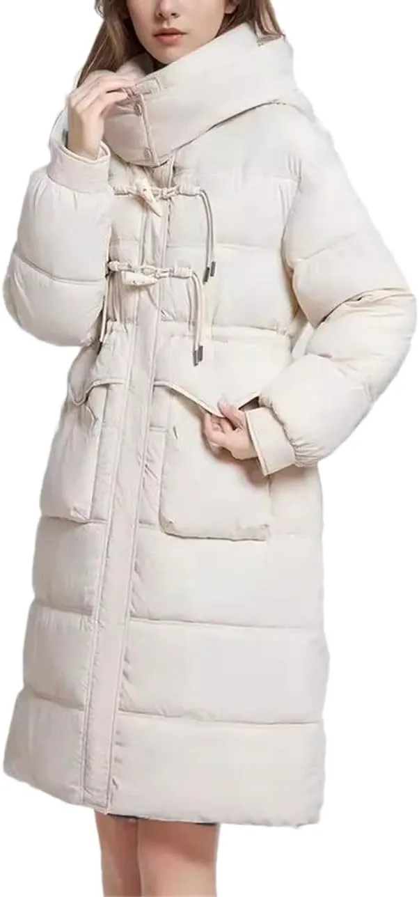 Women's Drawstring Button Long Parkas Coats Vintage Warm Hooded Pocket Cotton-Padded Jacket