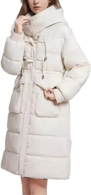 Women's Drawstring Button Long Parkas Coats Vintage Warm Hooded Pocket Cotton-Padded Jacket