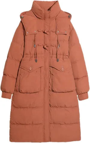 Women's Drawstring Button Long Parkas Coats Vintage Warm Hooded Pocket Cotton-Padded Jacket