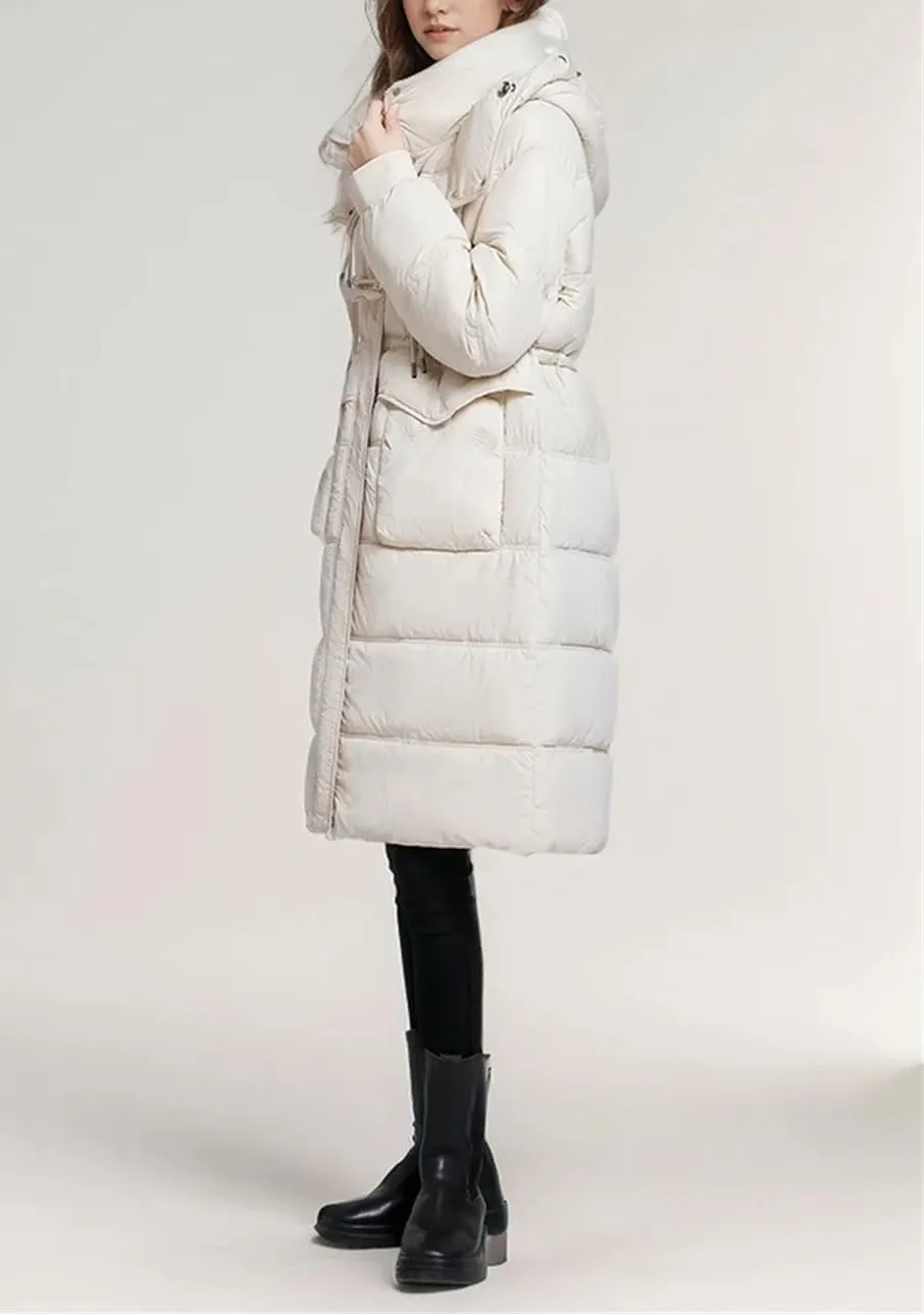 Women's Drawstring Button Long Parkas Coats Vintage Warm Hooded Pocket Cotton-Padded Jacket