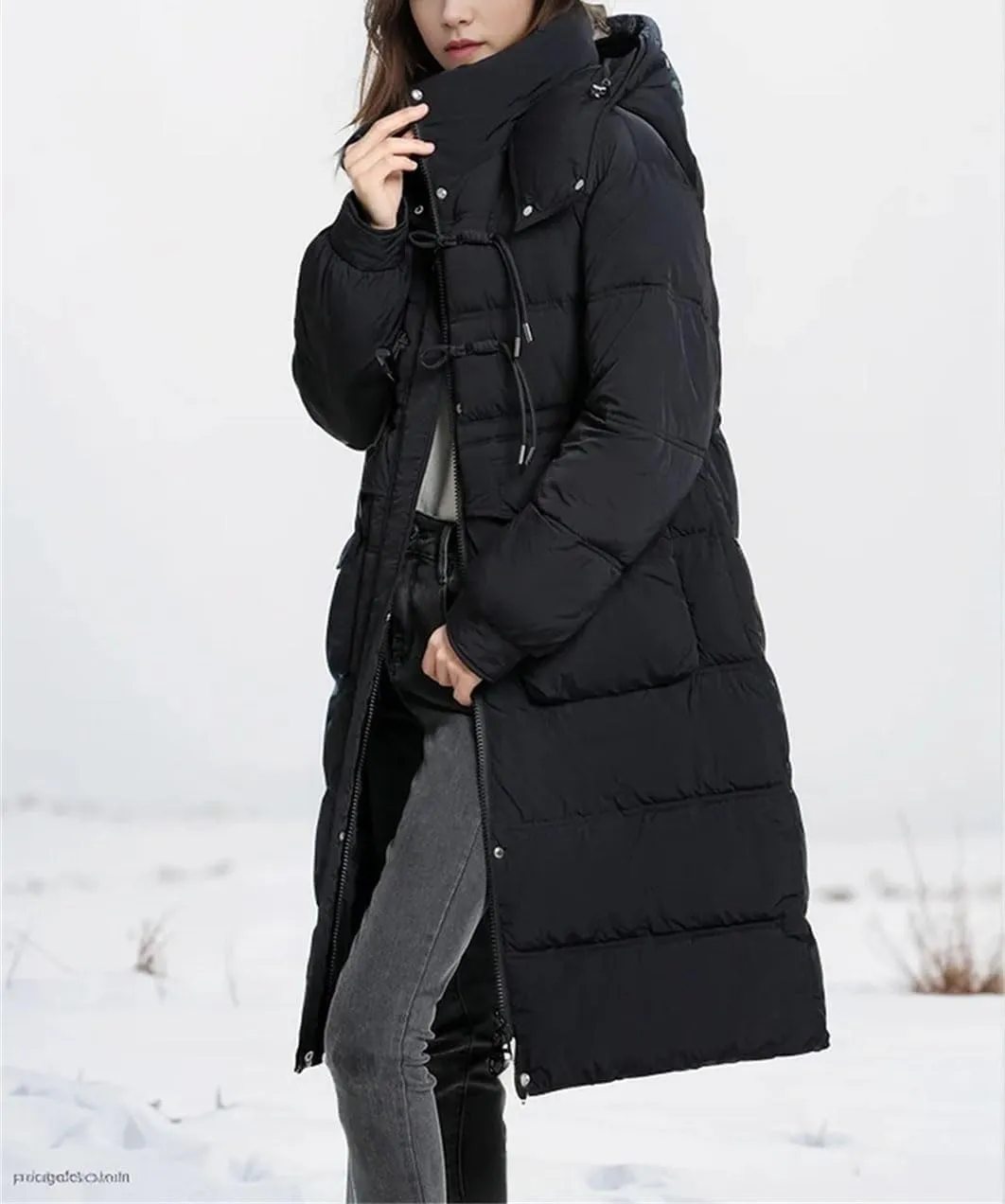 Women's Drawstring Button Long Parkas Coats Vintage Warm Hooded Pocket Cotton-Padded Jacket
