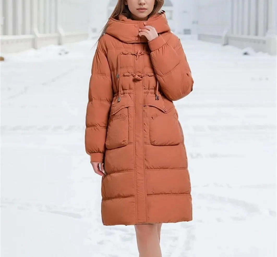 Women's Drawstring Button Long Parkas Coats Vintage Warm Hooded Pocket Cotton-Padded Jacket