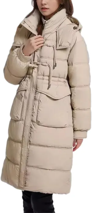 Women's Drawstring Button Long Parkas Coats Vintage Warm Hooded Pocket Cotton-Padded Jacket