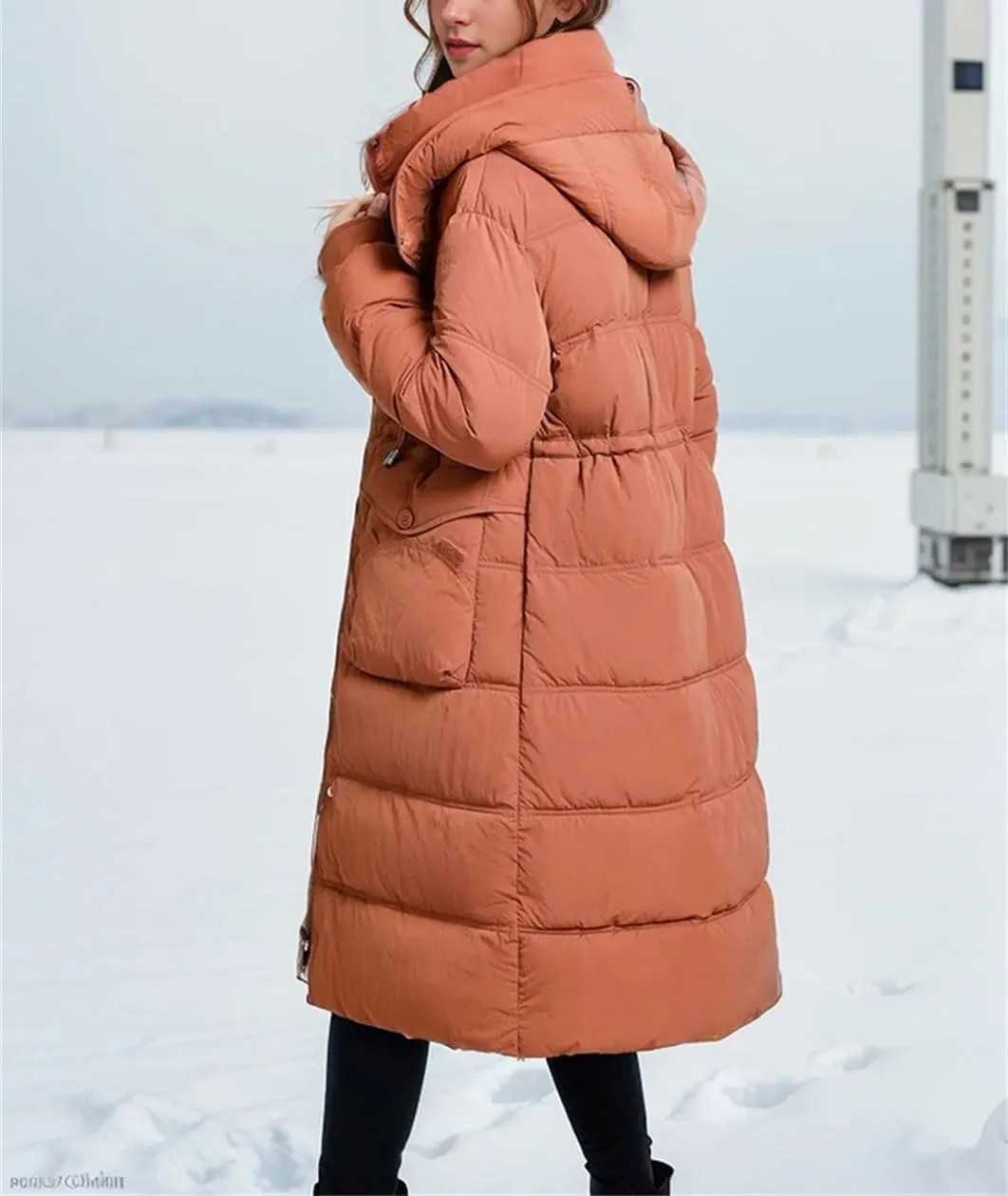Women's Drawstring Button Long Parkas Coats Vintage Warm Hooded Pocket Cotton-Padded Jacket