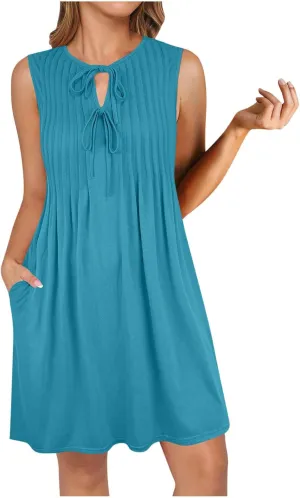 Womens Dresses Casual Summer Front Key Hole Sleeveless Tank Sundress Ruched Crewneck Beach Vacation Mini Dress