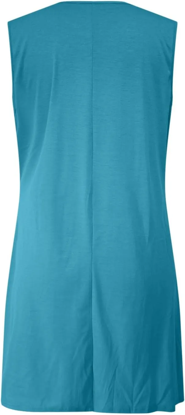Womens Dresses Casual Summer Front Key Hole Sleeveless Tank Sundress Ruched Crewneck Beach Vacation Mini Dress