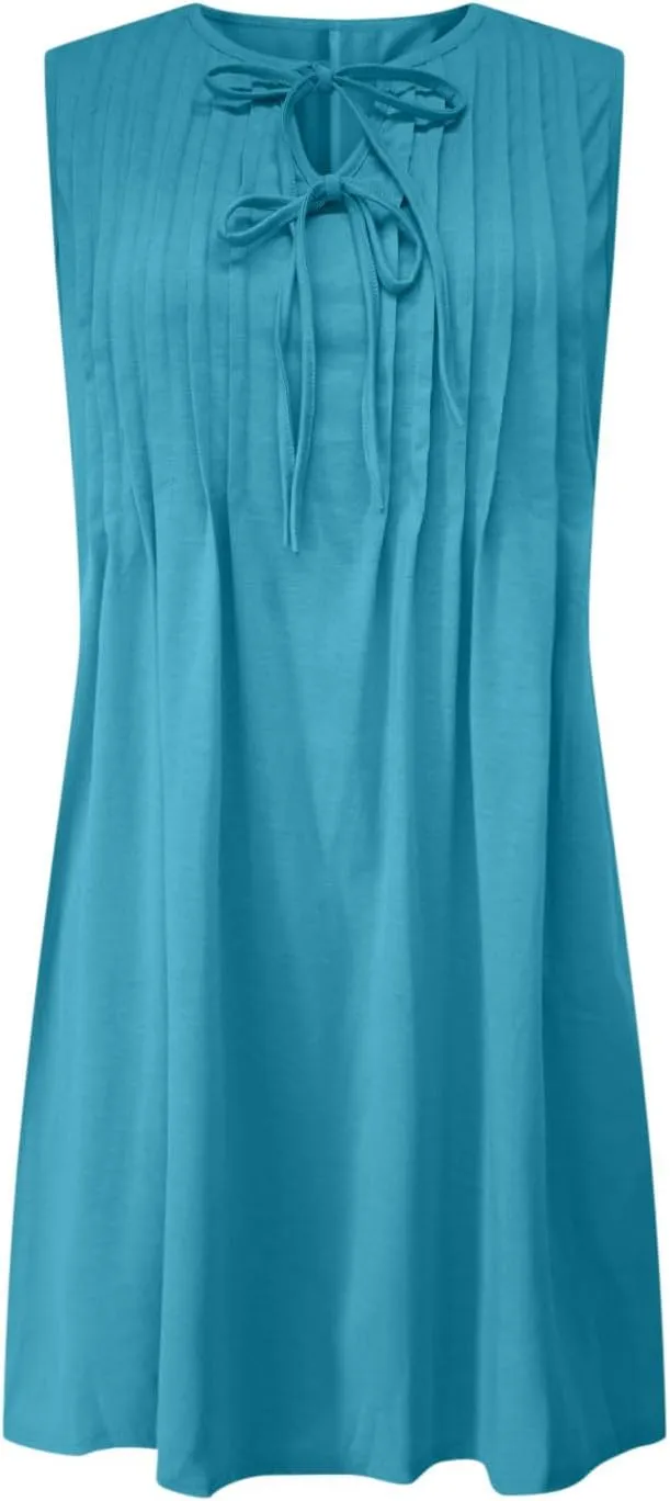 Womens Dresses Casual Summer Front Key Hole Sleeveless Tank Sundress Ruched Crewneck Beach Vacation Mini Dress