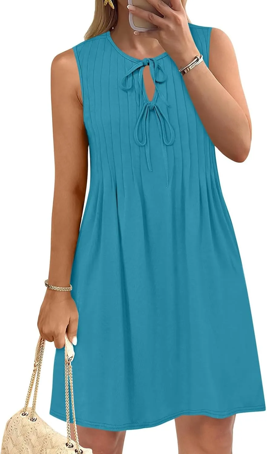 Womens Dresses Casual Summer Front Key Hole Sleeveless Tank Sundress Ruched Crewneck Beach Vacation Mini Dress