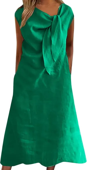 Womens Dresses Round Neck Short Sleeve Cotton Linen Midi Dress Tie Front Plus Size Cotton Linen Dress with Pockets