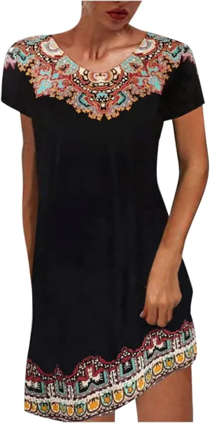 Women's Embroidered Mexican Peasant Dresses Plus Size Fiesta Boho Shirt Dress Traditional Floral Ethnic Tunic Top