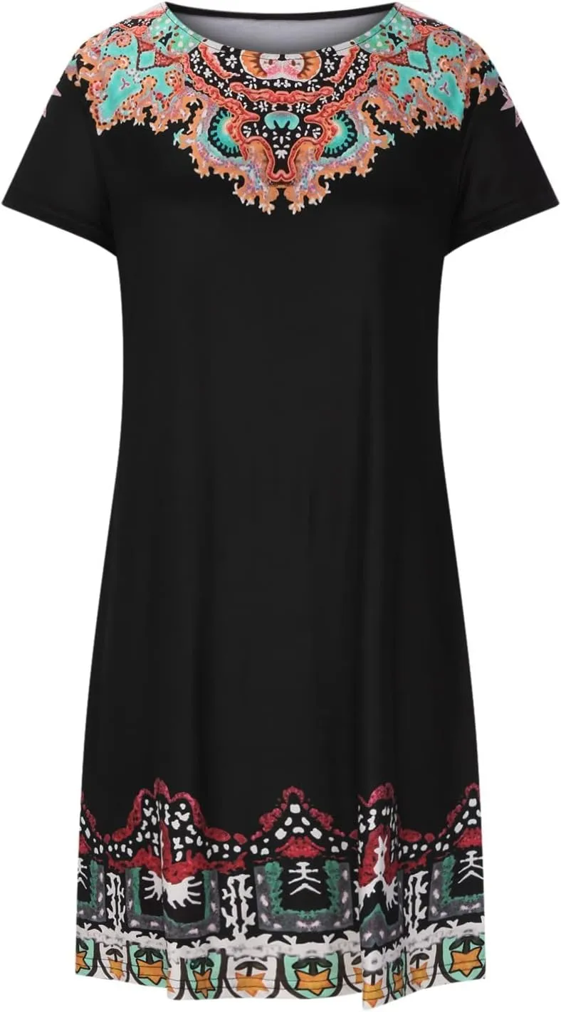 Women's Embroidered Mexican Peasant Dresses Plus Size Fiesta Boho Shirt Dress Traditional Floral Ethnic Tunic Top