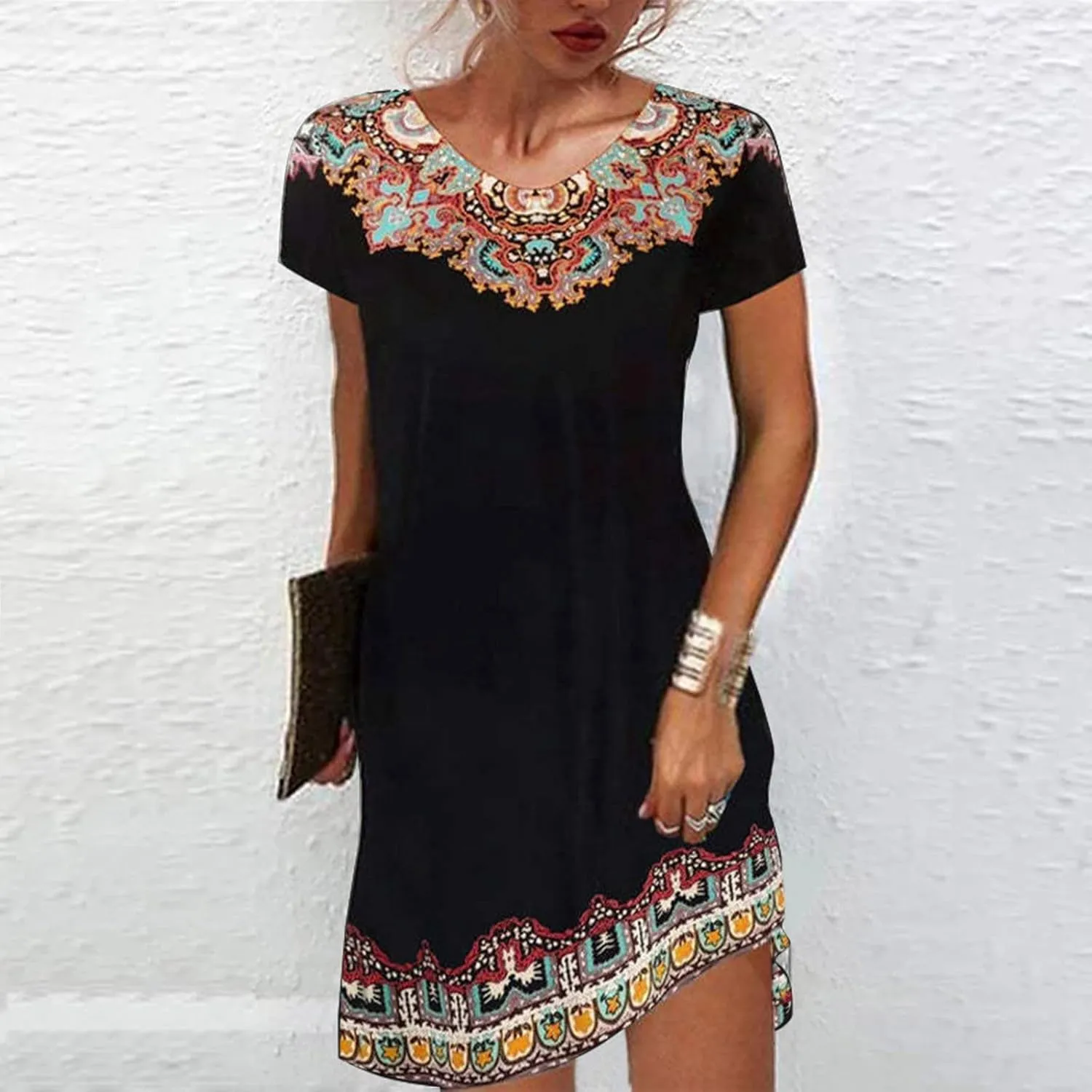 Women's Embroidered Mexican Peasant Dresses Plus Size Fiesta Boho Shirt Dress Traditional Floral Ethnic Tunic Top