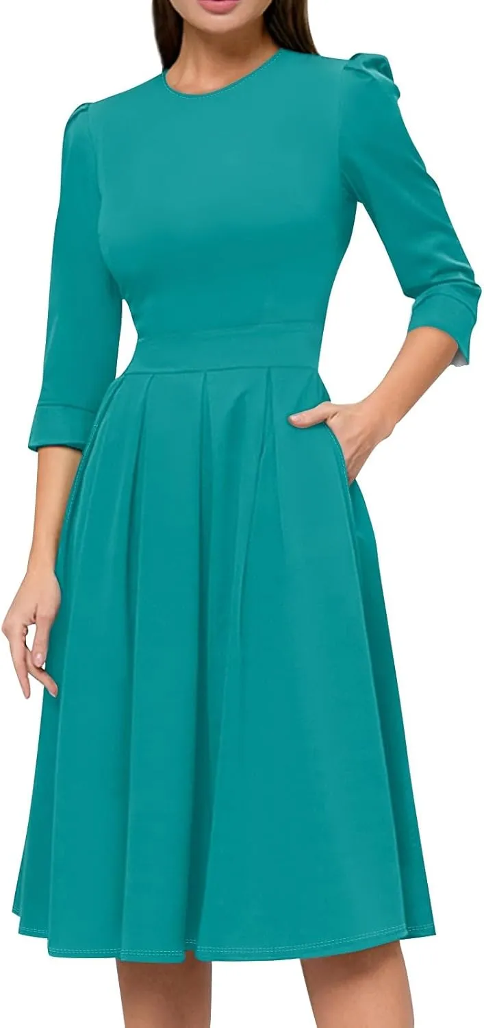 Women's Fall Casual Long Sleeve Crew Neck Printed Back Zipper Dress with Pockets