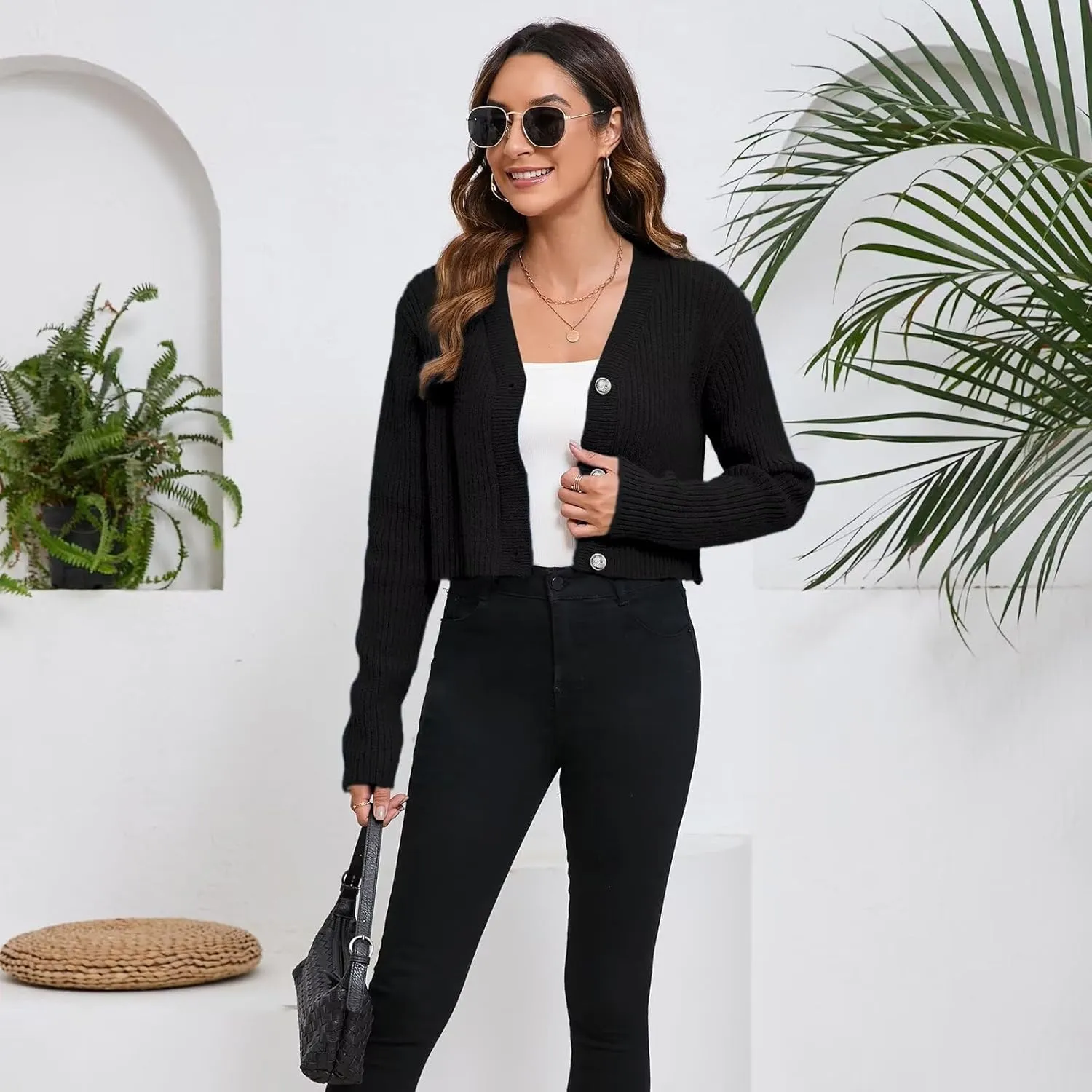 Women's Fall Cropped Cardigan Sweaters V Neck Long Sleeve Open Front Button Down Knit Sweater Tops Outerwear Coats.