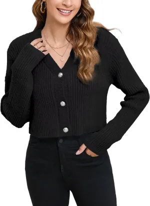 Women's Fall Cropped Cardigan Sweaters V Neck Long Sleeve Open Front Button Down Knit Sweater Tops Outerwear Coats.