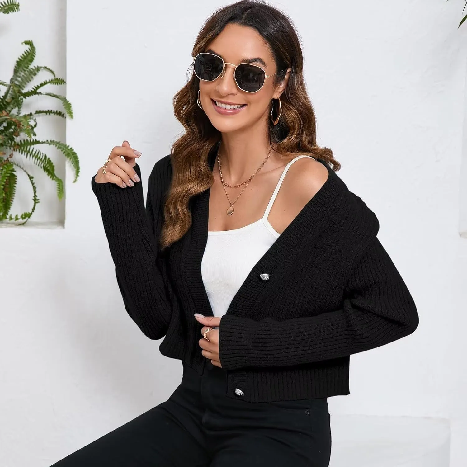 Women's Fall Cropped Cardigan Sweaters V Neck Long Sleeve Open Front Button Down Knit Sweater Tops Outerwear Coats.