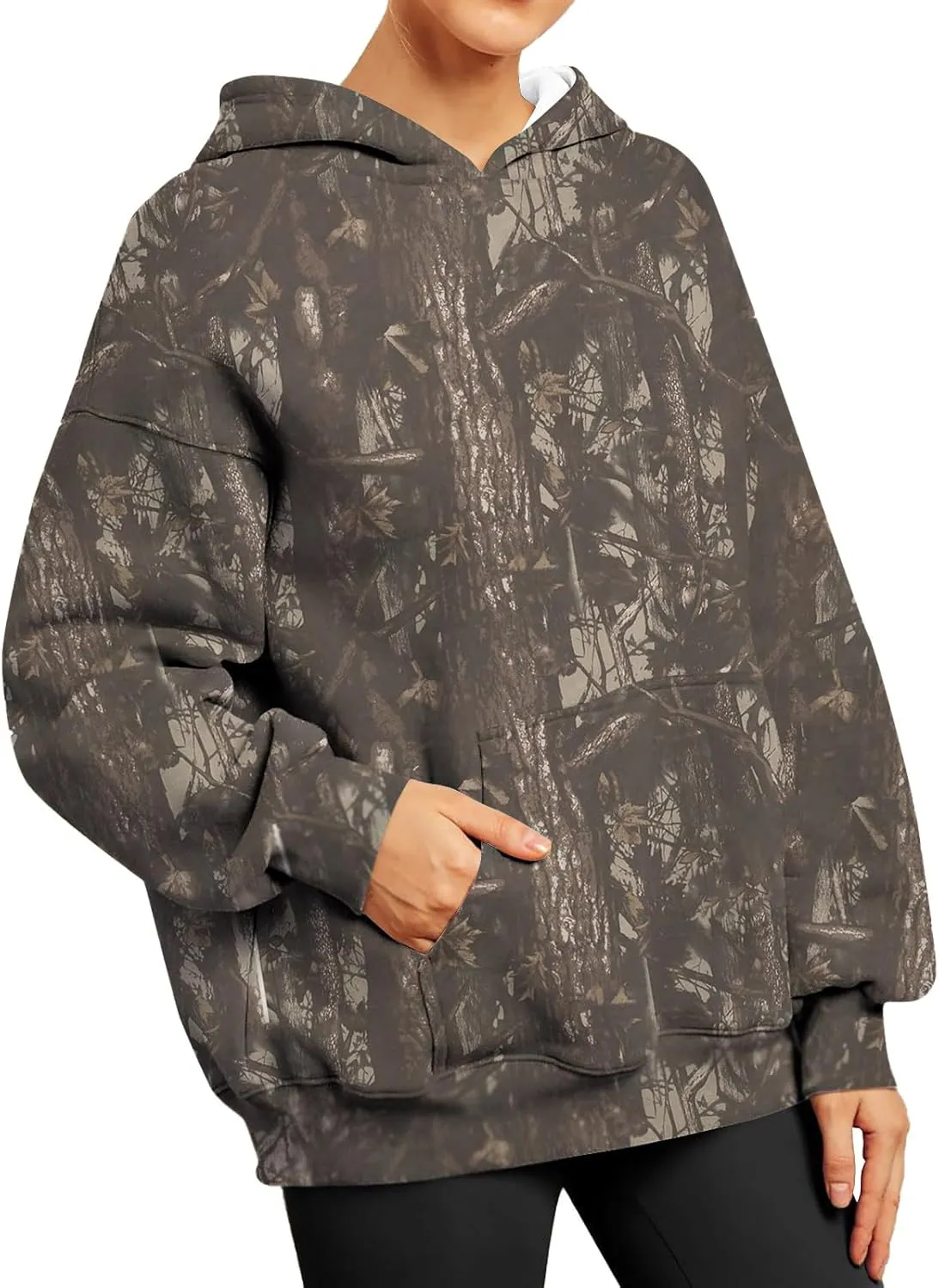 Women's Fall Outfits Camo Hoodie Maple-Leaf Print Vintage Sweatshirt Fleece Hooded Sweatshirt with Pockets