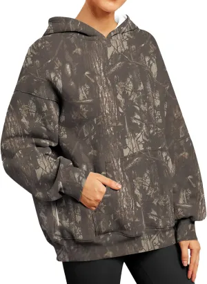 Women's Fall Outfits Camo Hoodie Maple-Leaf Print Vintage Sweatshirt Fleece Hooded Sweatshirt with Pockets