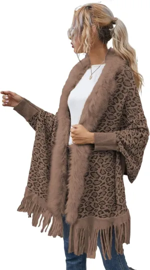 Women's Faux Fur Collar Shawl Tassel Cloak Cardigan Sweater Batwing Long Sleeve Knit Cape Open Front Cloak