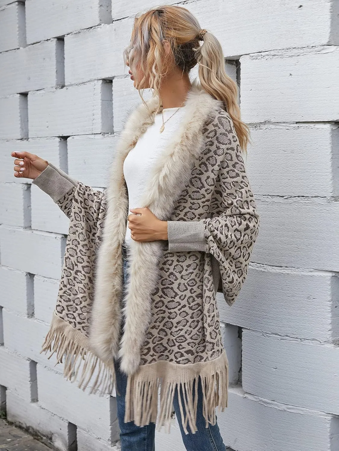 Women's Faux Fur Collar Shawl Tassel Cloak Cardigan Sweater Batwing Long Sleeve Knit Cape Open Front Cloak