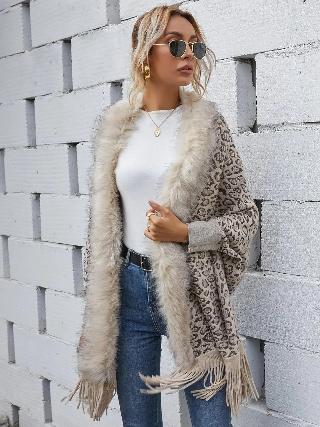 Women's Faux Fur Collar Shawl Tassel Cloak Cardigan Sweater Batwing Long Sleeve Knit Cape Open Front Cloak