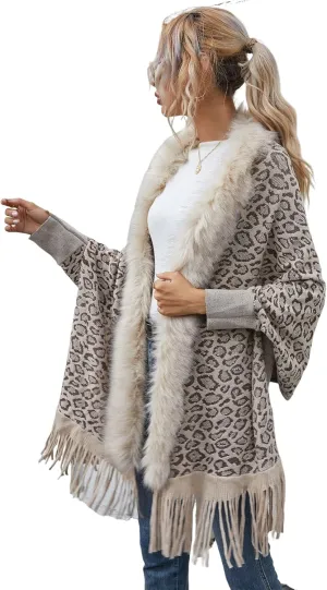 Women's Faux Fur Collar Shawl Tassel Cloak Cardigan Sweater Batwing Long Sleeve Knit Cape Open Front Cloak