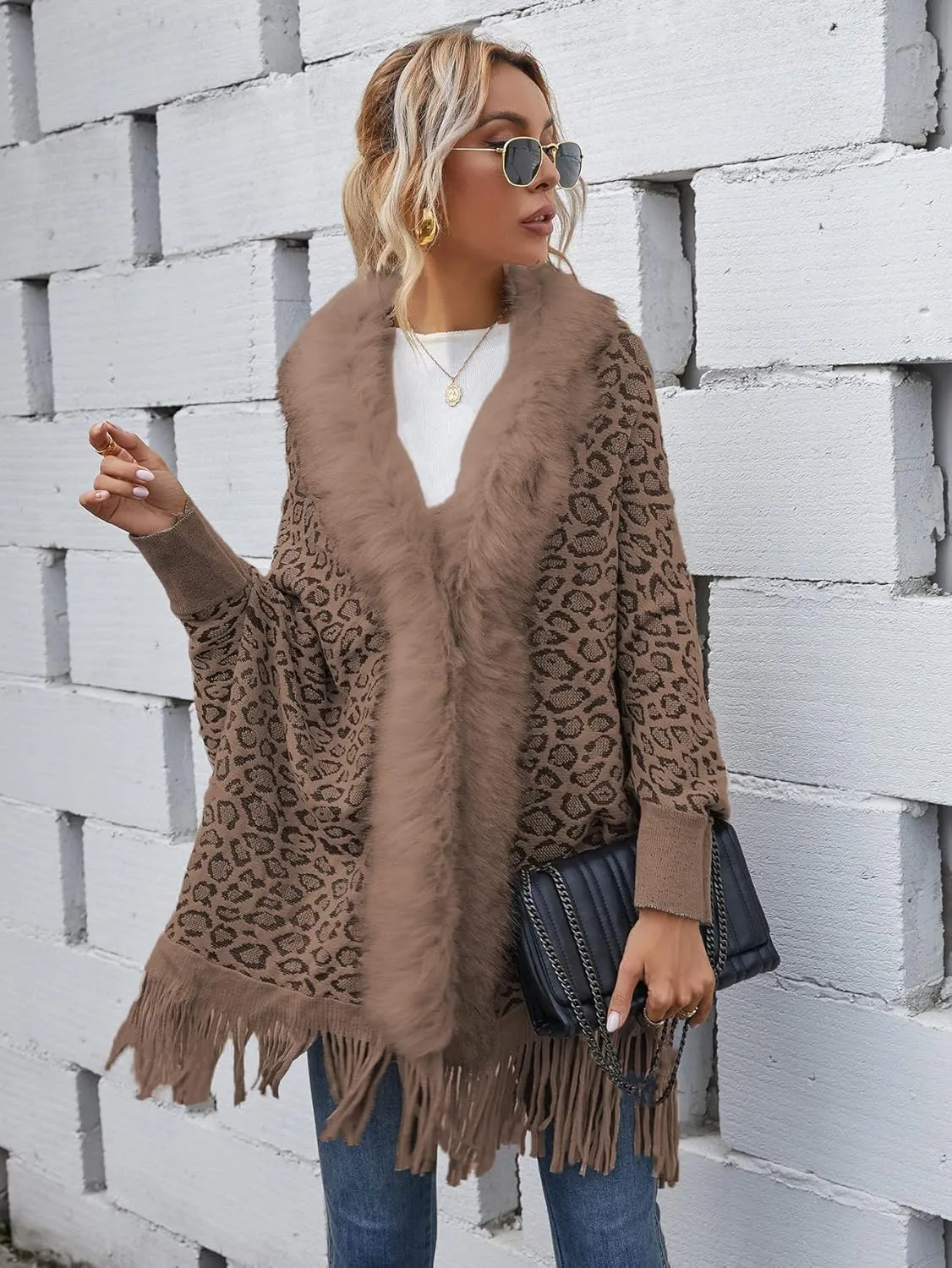 Women's Faux Fur Collar Shawl Tassel Cloak Cardigan Sweater Batwing Long Sleeve Knit Cape Open Front Cloak