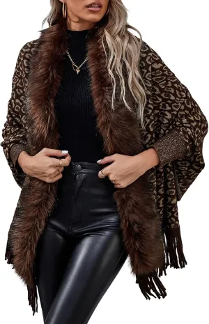 Women's Faux Fur Collar Shawl Tassel Cloak Cardigan Sweater Batwing Long Sleeve Knit Cape Open Front Cloak
