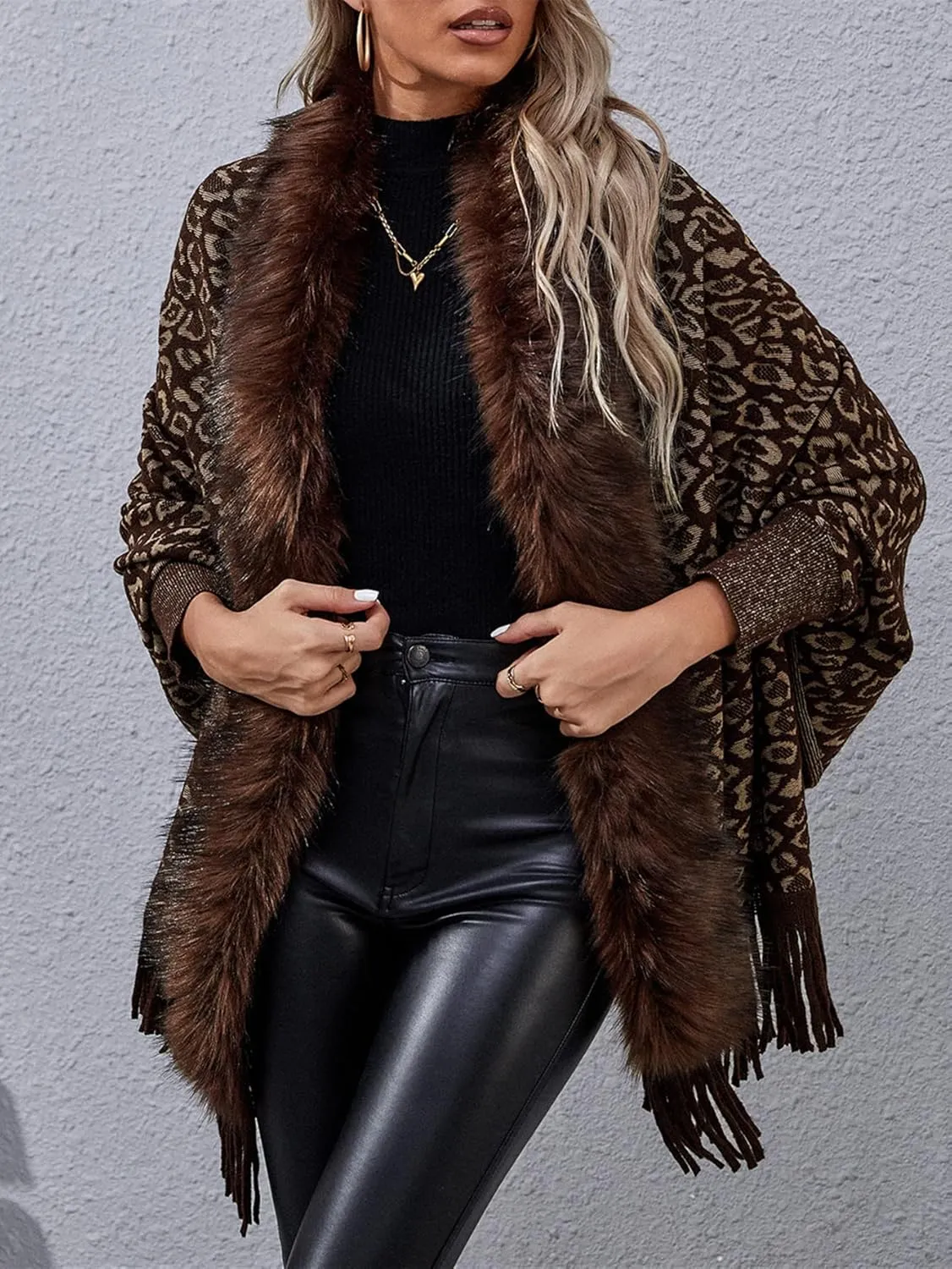 Women's Faux Fur Collar Shawl Tassel Cloak Cardigan Sweater Batwing Long Sleeve Knit Cape Open Front Cloak
