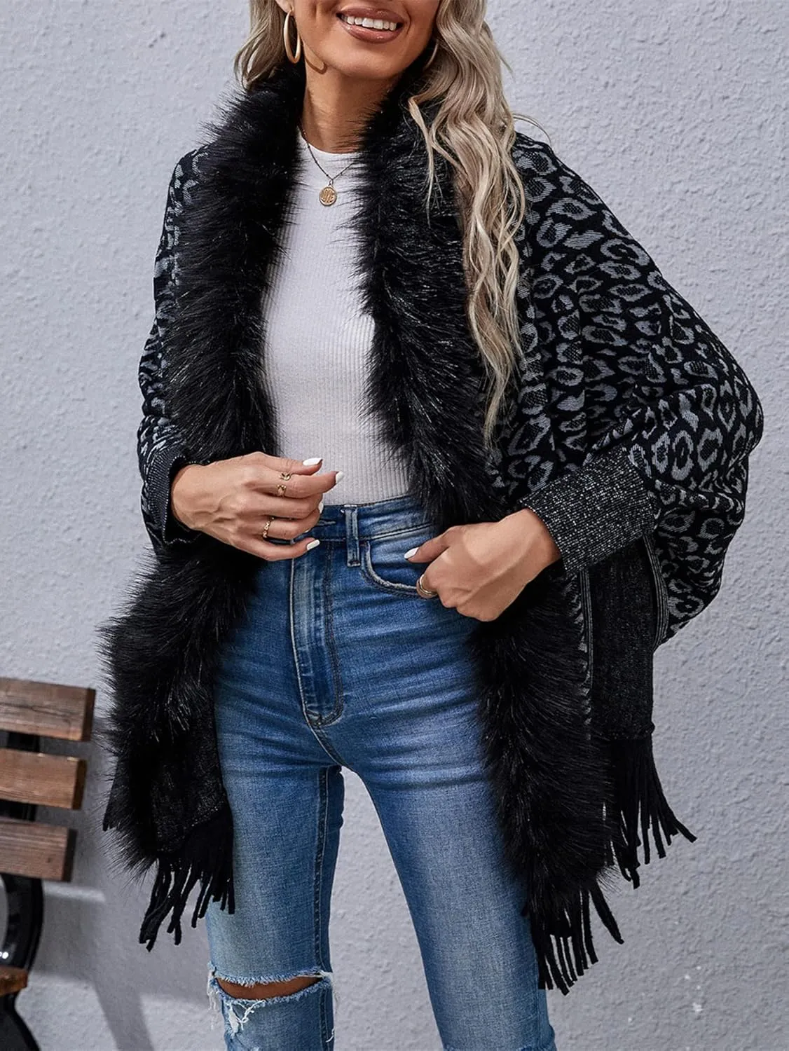Women's Faux Fur Collar Shawl Tassel Cloak Cardigan Sweater Batwing Long Sleeve Knit Cape Open Front Cloak