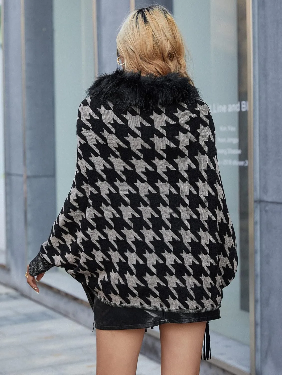 Women's Faux Fur Collar Shawl Tassel Cloak Cardigan Sweater Batwing Long Sleeve Knit Cape Open Front Cloak