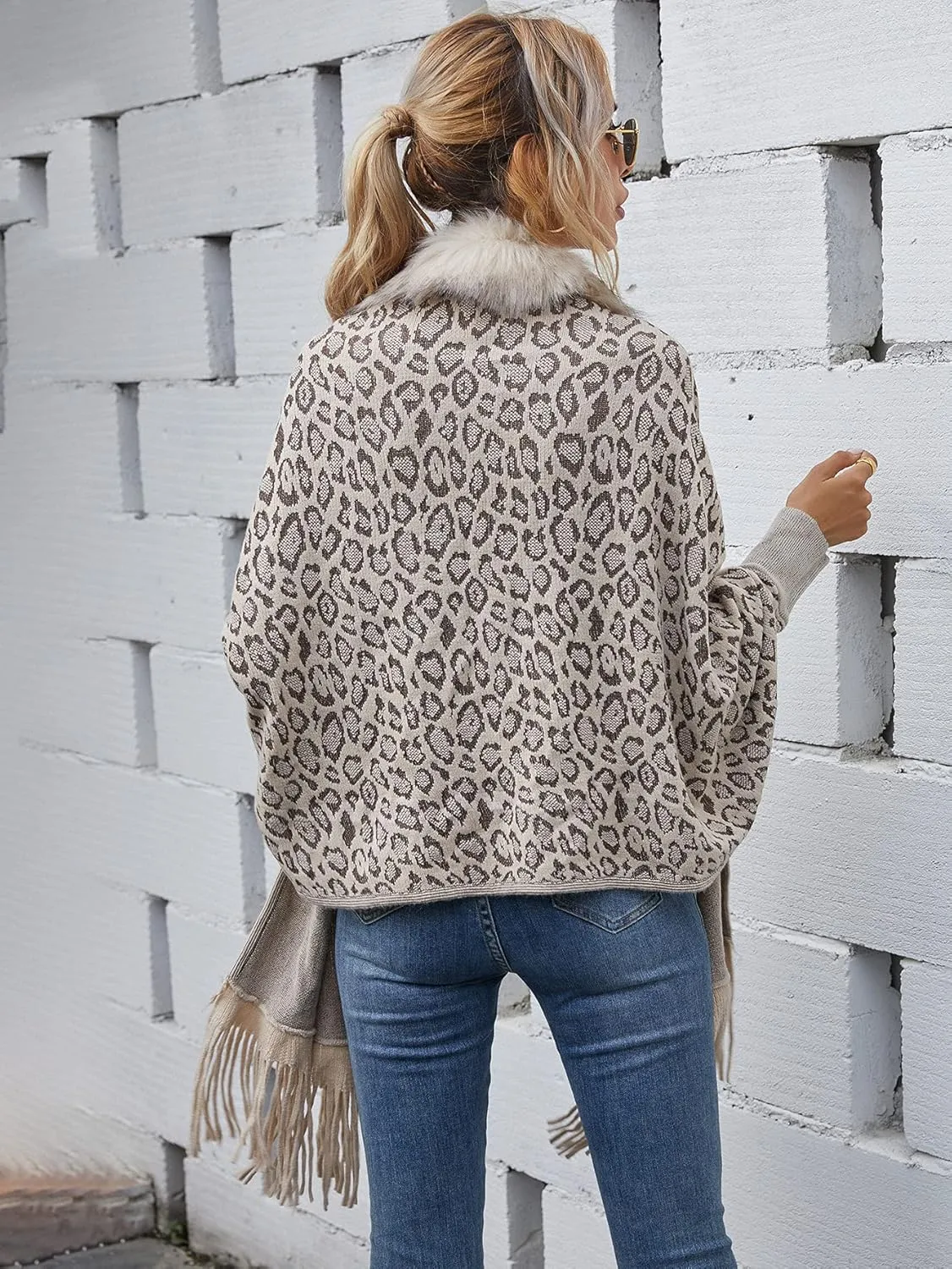 Women's Faux Fur Collar Shawl Tassel Cloak Cardigan Sweater Batwing Long Sleeve Knit Cape Open Front Cloak