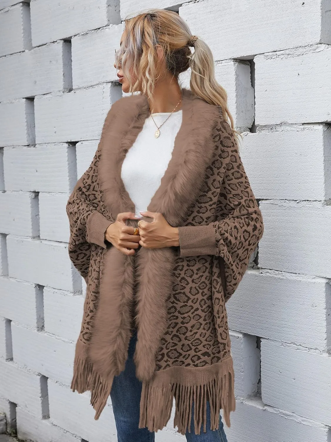 Women's Faux Fur Collar Shawl Tassel Cloak Cardigan Sweater Batwing Long Sleeve Knit Cape Open Front Cloak