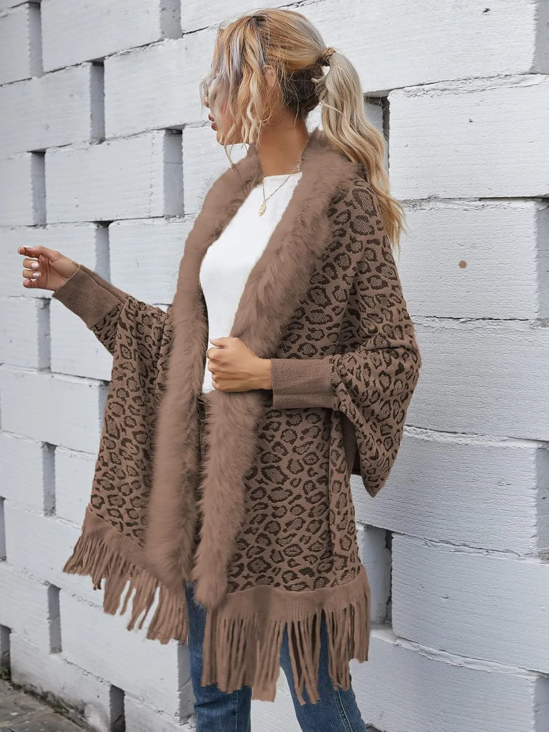 Women's Faux Fur Collar Shawl Tassel Cloak Cardigan Sweater Batwing Long Sleeve Knit Cape Open Front Cloak