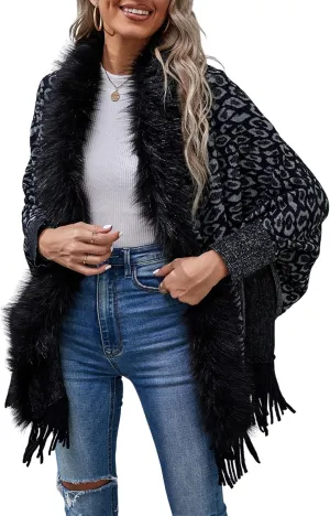 Women's Faux Fur Collar Shawl Tassel Cloak Cardigan Sweater Batwing Long Sleeve Knit Cape Open Front Cloak