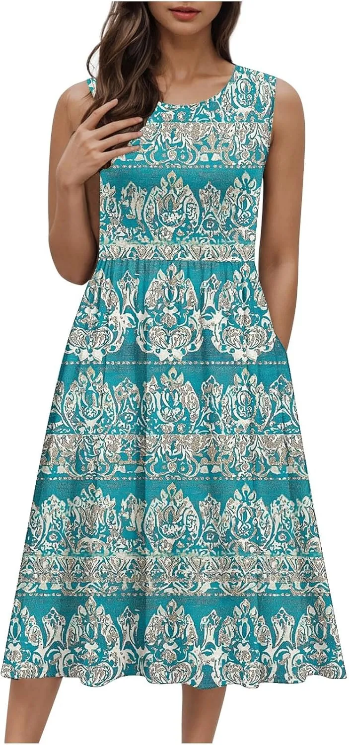 Women's Floral Print Beach Sundress Summer Casual Loose Sleeveless A Line Dress Round Neck Beach Flowy Maxi Dress