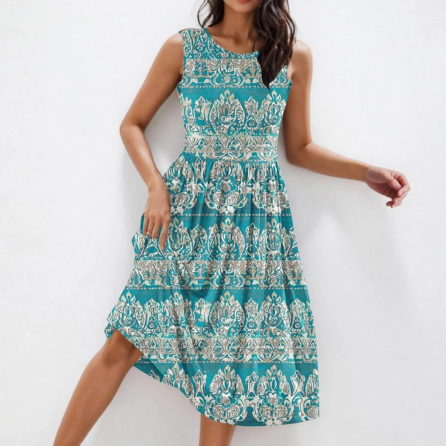 Women's Floral Print Beach Sundress Summer Casual Loose Sleeveless A Line Dress Round Neck Beach Flowy Maxi Dress