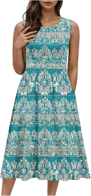Women's Floral Print Beach Sundress Summer Casual Loose Sleeveless A Line Dress Round Neck Beach Flowy Maxi Dress