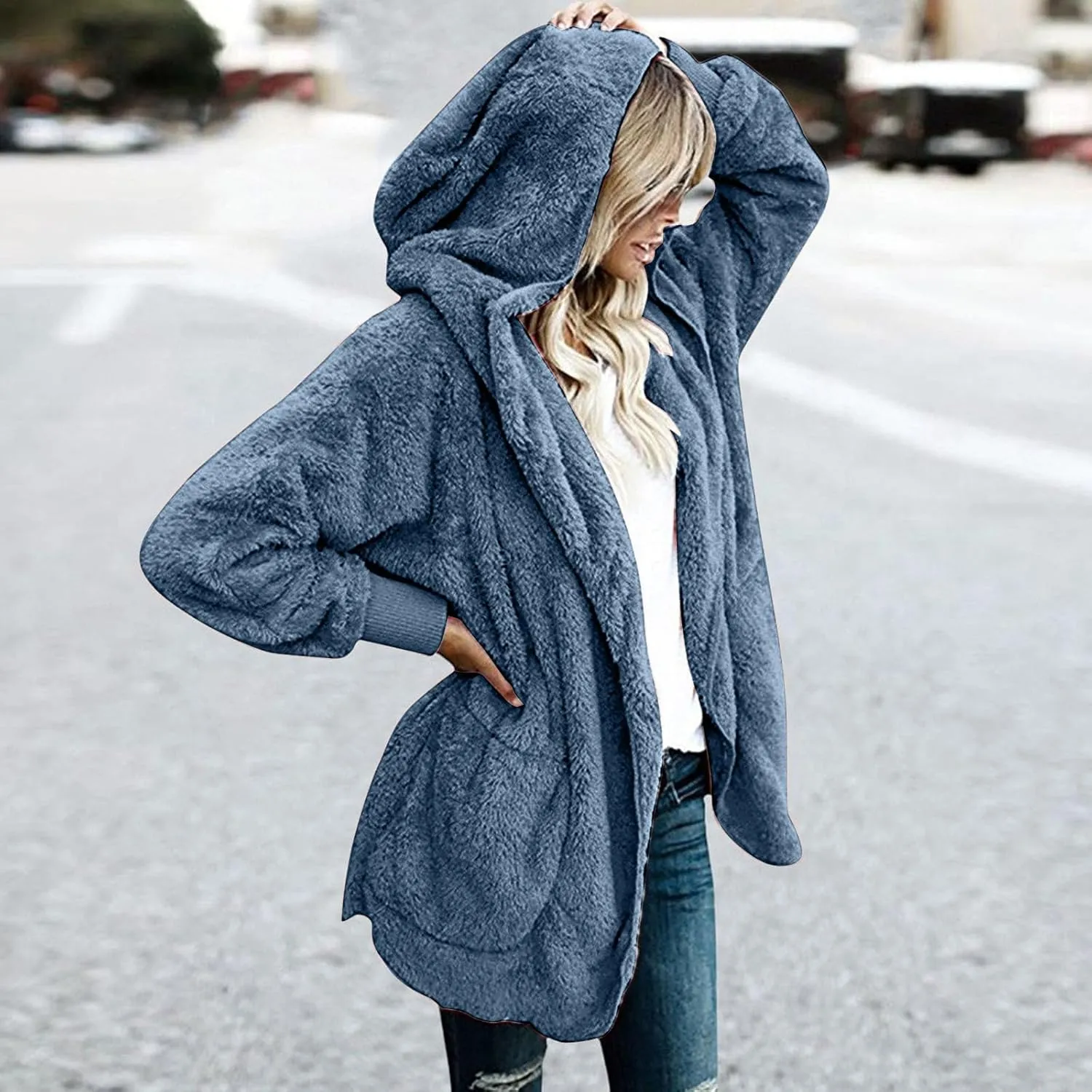 Womens Fuzzy Fleece Cardigan Coat Casual Oversized Open Front Sherpa Hooded Jackets Warm Winter Fluffy Outerwear