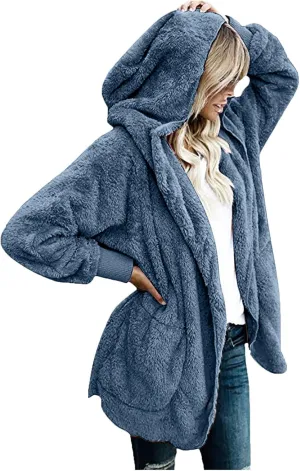 Womens Fuzzy Fleece Cardigan Coat Casual Oversized Open Front Sherpa Hooded Jackets Warm Winter Fluffy Outerwear